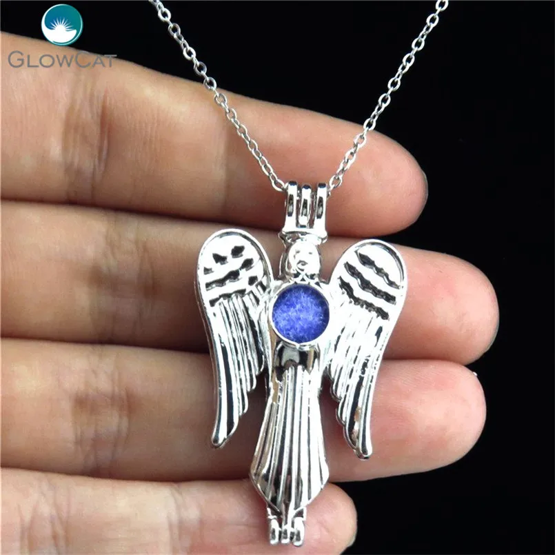 K51 Women Silver Tale Wing Angel Diffuser Locket Necklace Aromatherapy Steel 16&quot Aroma Essential Oil | Украшения и аксессуары
