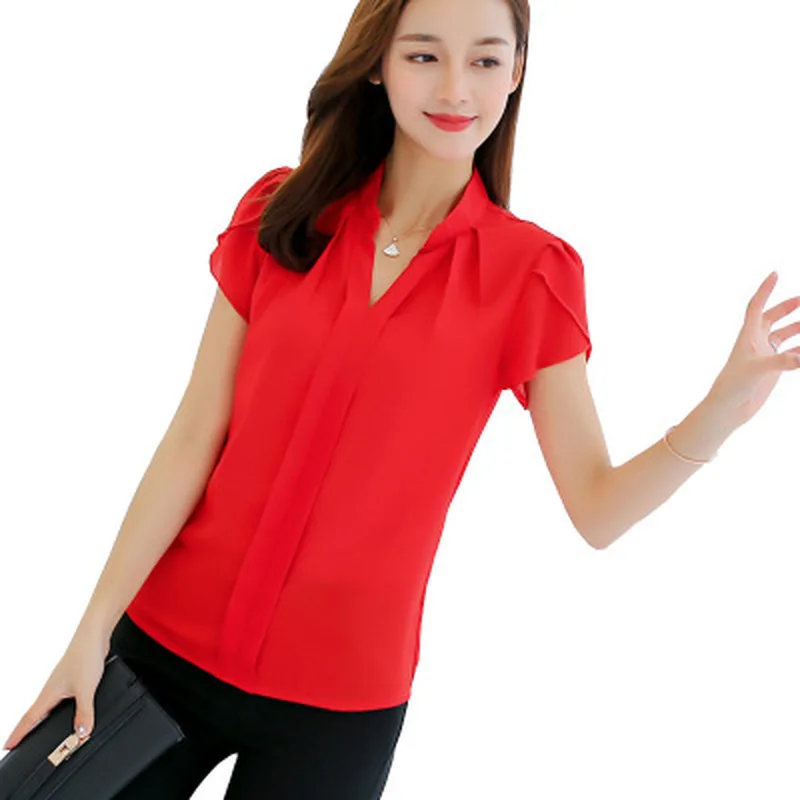 Summer Clothes White Pink Blue Red Chiffon Blouse Womens Tops and Blouses Short Sleeve V Neck Shirt Office Ladies Top Streetwear |