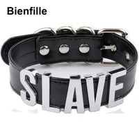 fashion gold men necklace women girl slave name word collar buckle necklace black pu leather kawaii jewelry
