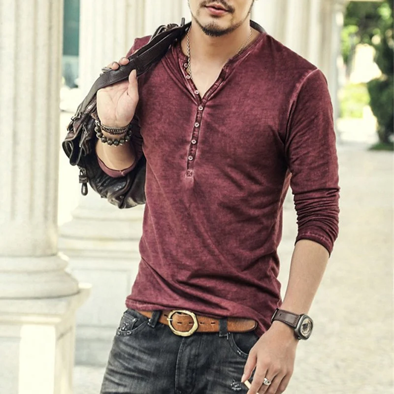 Мужские весенние Рубашки с v образным вырезом и длинными рукавами пуговицы для