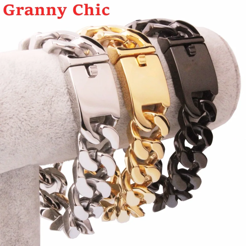 

Granny Chic 9" Fashion Men's Heavy 20mm Jewelry Cuban Curb Chain Bracelet 316L Stainless Steel silver Gold Black Color Jewelry