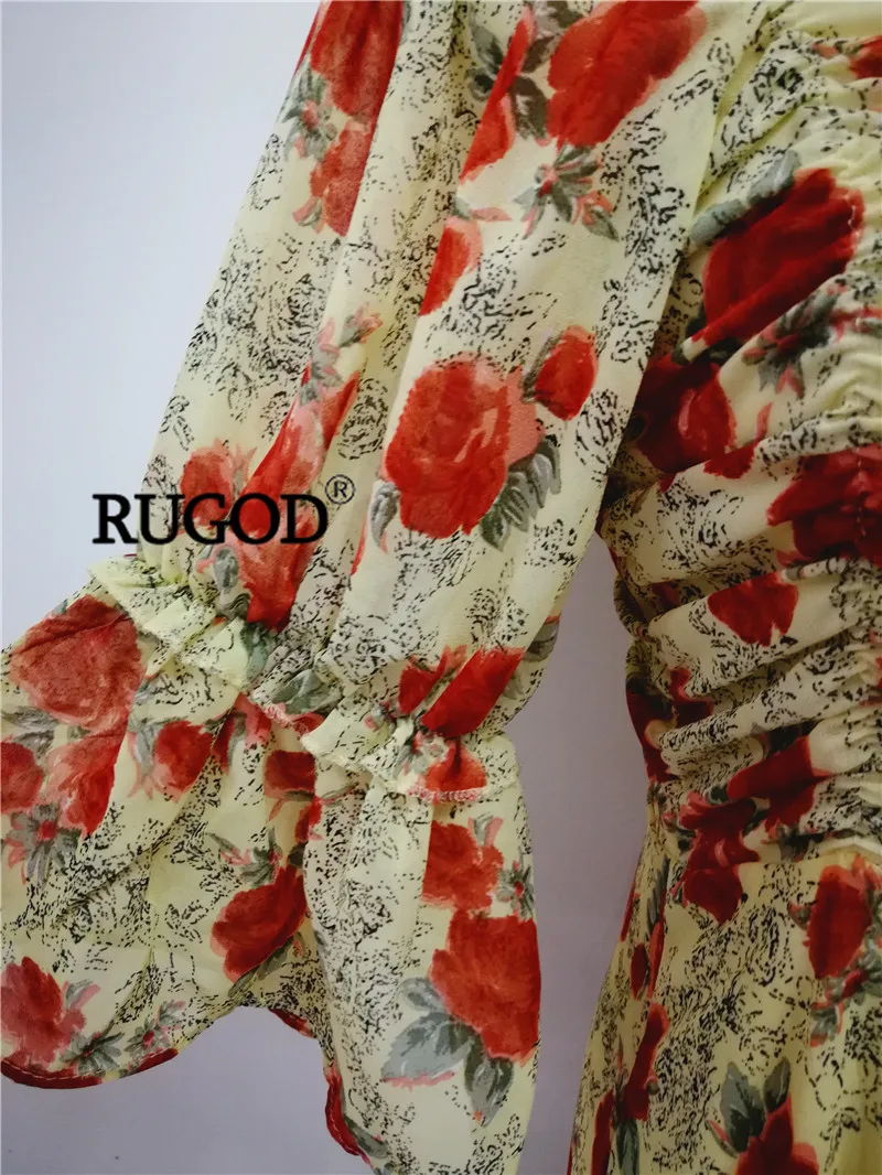 RUGOD Новое поступление однобортное Плиссированное шифоновое платье для женщин с v-образным вырезом на талии легкий цветочный Рисунок с пышными рукавами летнее платье