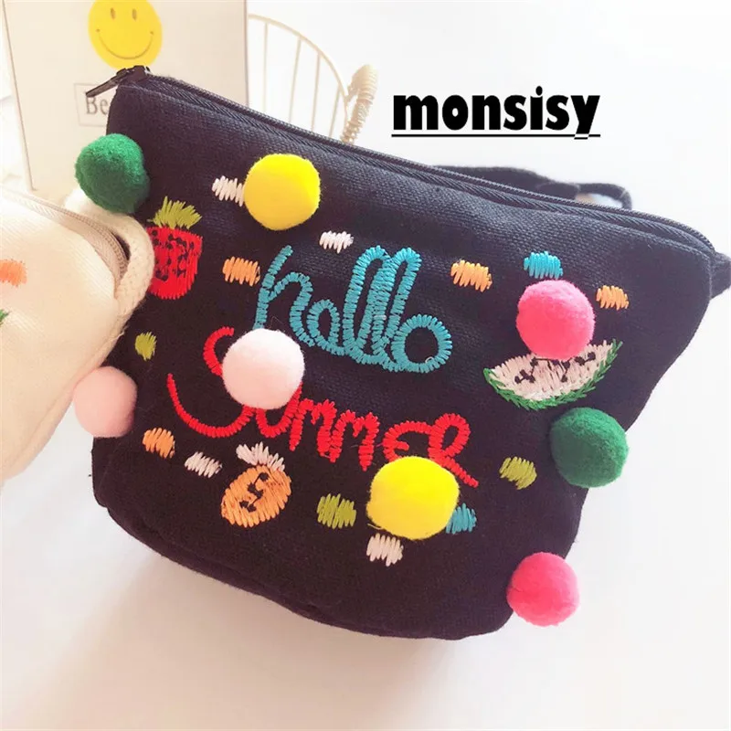 Monsisy/Детский кошелек с меховым помпоном сумка на плечо для девочек Kawaii тканевая