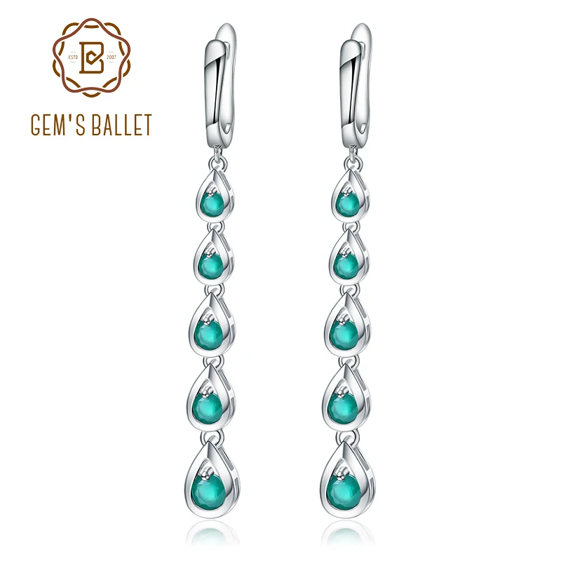 GEM'S балет Твердые 925 Висячие серьги из серебра пробы 3.07Ct натуральные зеленый