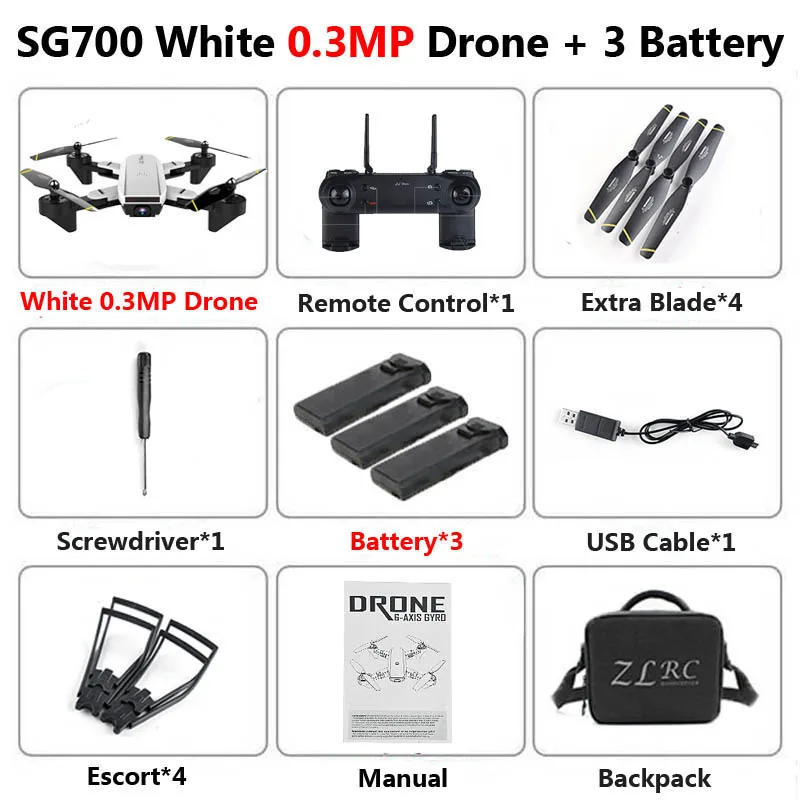 0.3MP White 3B Bag SG700 Профессиональный складной Дрон с камерой 2MP HD WiFi FPV контроль скорости удержания высоты RC Квадрокоптер Вертолет игрушка XS809 E58 - Цвет: 0.3MP White 3B Bag