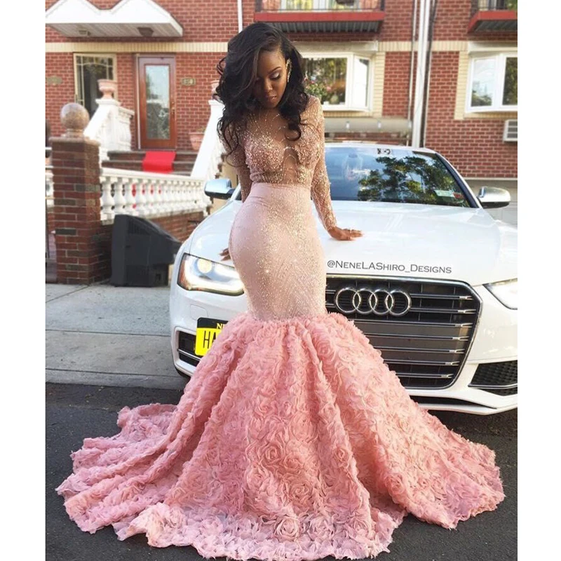 Robe de Soiree африканская роскошное русалка розовые платья для выпускного вечера сексуальные, кружевные, из ткани органди Кристалл гофрированный поезд длинное вечернее платье