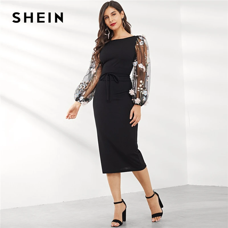 SHEIN черное платье-карандаш с аппликацией и вышитыми сетчатыми рукавами, женские осенние элегантные повседневные платья-карандаш с вырезом лодочкой