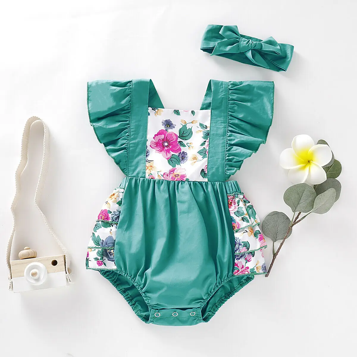 2019 Brand 2pcs Newborn Baby Girl Clothing Romper One Pieces Cotton Floral Ruffle Jumpsuit Headband Clothes Outfits 0-24M New |
