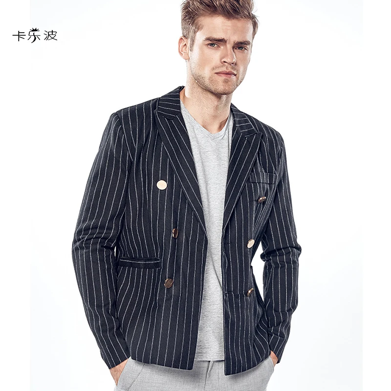 KALEBO мужской костюм куртка тонкий длинный рукав три пряжки полосатый 2017 весенний