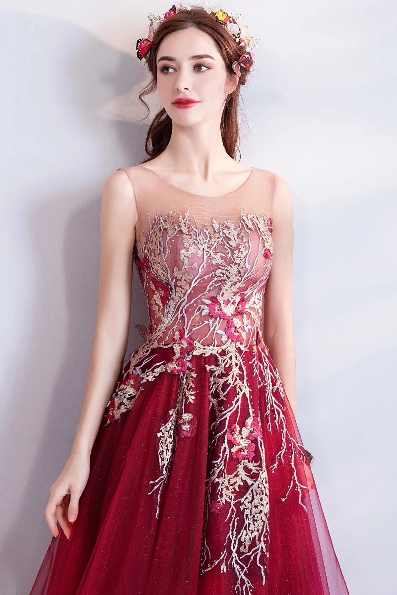 Прозрачные вечерние наряды без рукавов robe de soiree A Line красные платья Appliqeud
