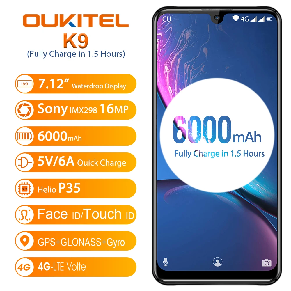 OUKITEL K9 водонепроницаемый 7 12 "FHD + 4 Гб 64 16MP 2MP/8MP 1080*2244 мобильный телефон Face ID