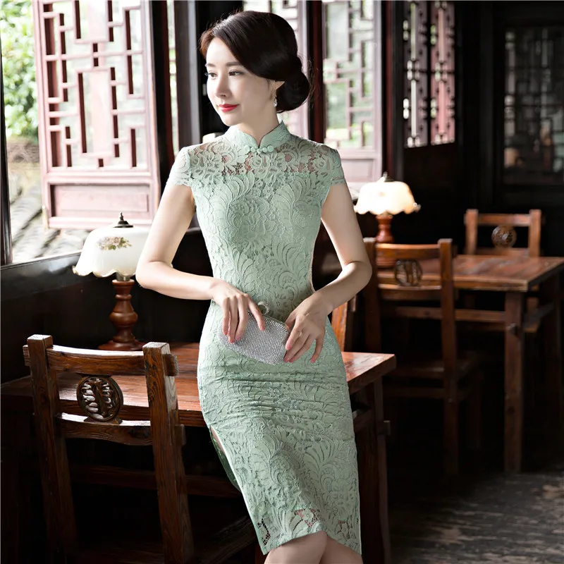 Шанхай история Новое поступление китайский женский колено Leng Cheongsam мода короткий стиль лето Qipao кружевное платье Vestidos