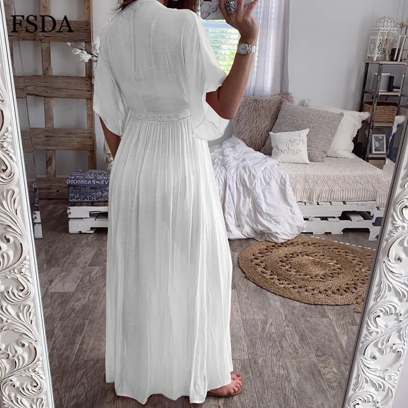 FSDA Beach Boho Maxi Cardigan Dress Lace V Neck Cotton Summer Loose Short Sleeve Casual Elegant Dress Women