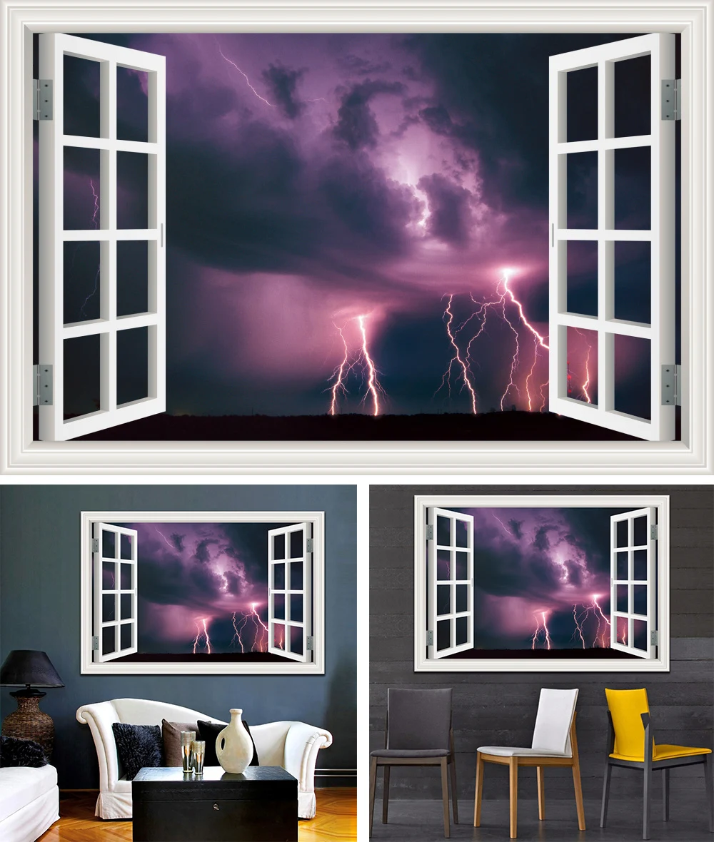 3d Вид из окна стены удивительный Lightning Пейзаж Современная Природа обои фрески Стикеры наклейка виниловые Home Decor Гостиная