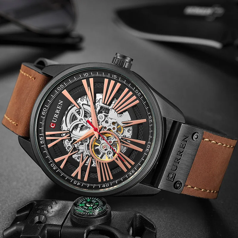 Curren автоматические часы для мужчин люксовый бренд механические мужские кожаный