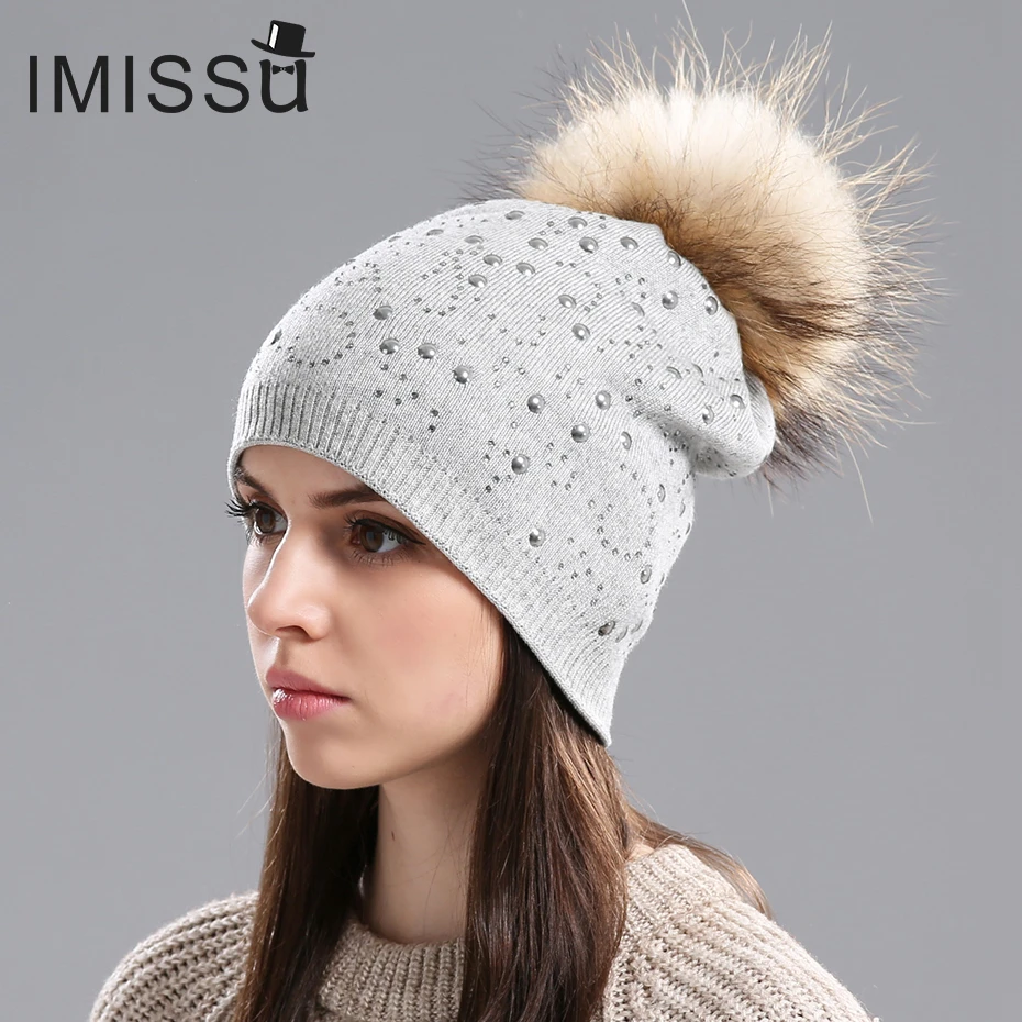IMISSU женская вязаная шерстяная шапка Skullies осенняя и зимняя с натуральным мехом