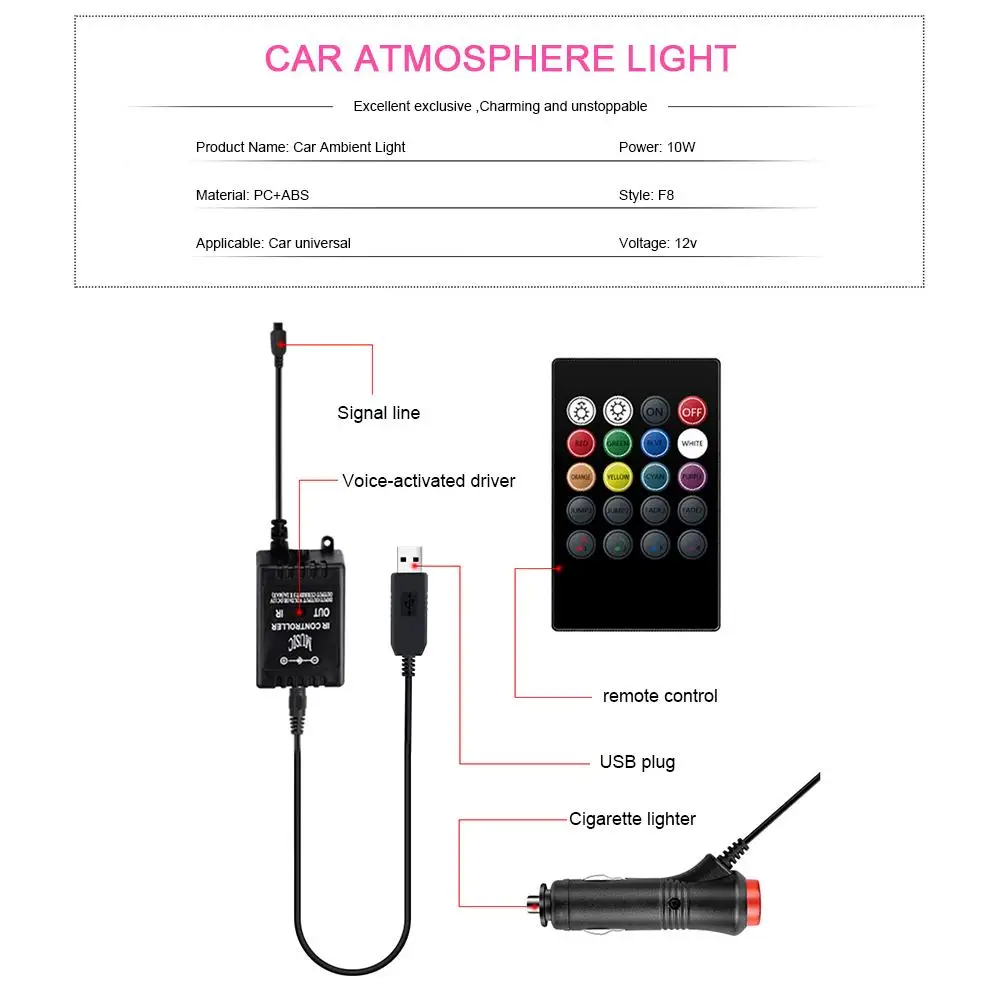 Автомобильный атмосферный светильник, ножной светильник USB/сигаретный светильник er с дистанционным управлением, декоративный внешний светодиодный светильник, аксессуары