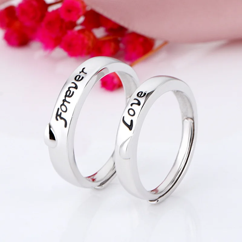 925 пробы серебряные кольца для пар с милыми буквами Forever Love, черные регулируемые кольца с надписью «половина сердца», свадебные ювелирные изделия для влюбленных