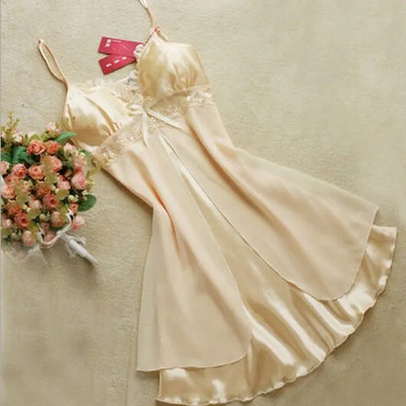 

1set Sexy Women Nightdress Smooth Satin Nightgown Sleepwear Erotic Lingerie Sexy Lingerie Lace Short Mini Braces