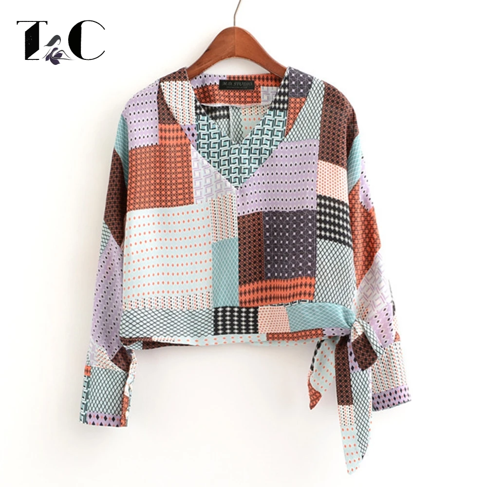 TC 2017 Цвет блок Для женщин блузки Мода v-образным вырезом с длинным рукавом повязку