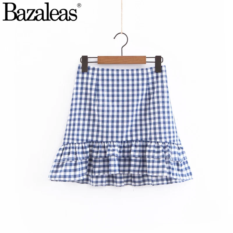 Tartan Blue Женщины Crop Top Tank Top С оборками Мини-юбка крест галстук случайные Обрезанные эластичные рукава