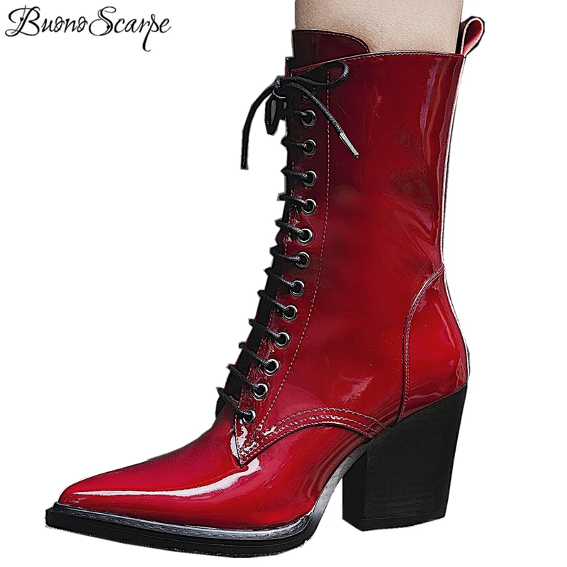 Ботинки женские осенне-зимние из лакированной кожи с острым носком | Обувь