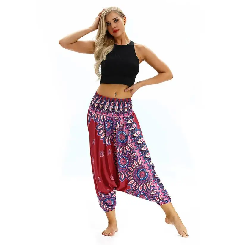 Новые женские повседневные свободные штаны для йоги широкие брюки Boho Aladdin Комбинезон гарем брюки с высокой талией спортивные брюки Одежда для женщин тренажерный зал
