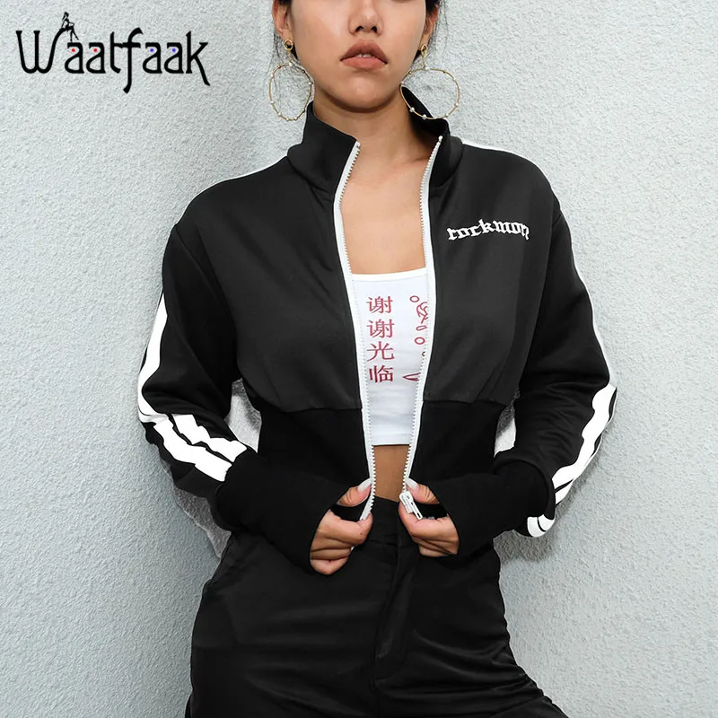 Waatfaak осенне-зимняя куртка женская черная на молнии укороченная куртка Топ полосатый длинный рукав отложной Повседневный ребро лоскутное пальто