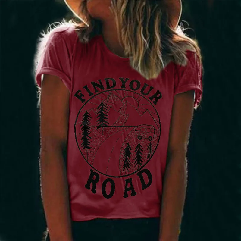 Женская футболка летняя с коротким рукавом и надписью Find Your Road круглым вырезом