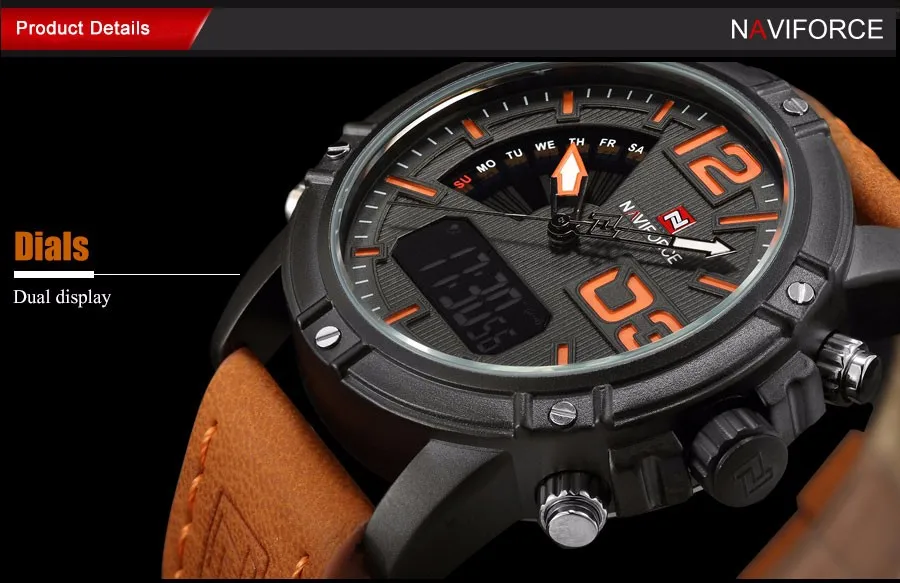 Мужские спортивные часы бренда NAVIFORCE с двойным дисплеем, цифровые и аналоговые часы, электронные кварцевые часы 30 м, водонепроницаемые оранжевые часы