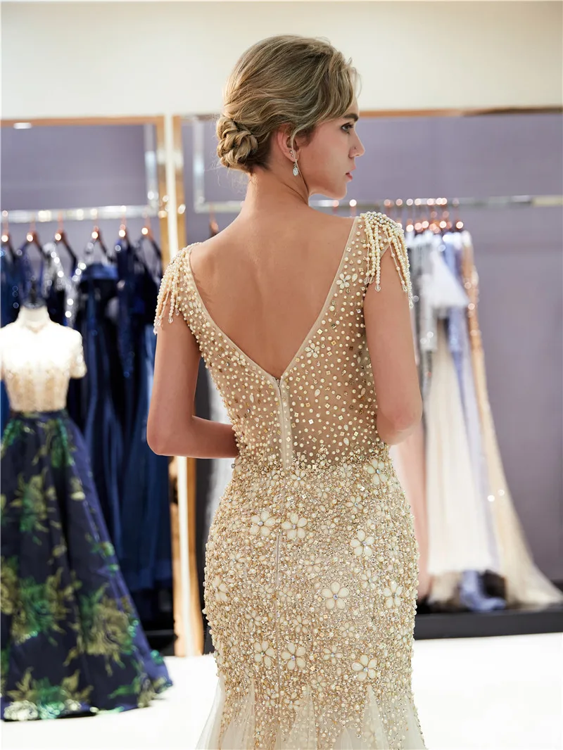 Tulle prom dress with flowers Gold women evening party dress tassels beadings Elegant women formal dress evening gowns vestidos