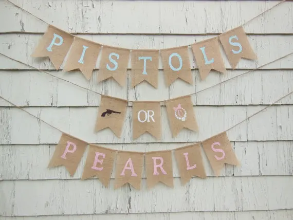 CUSTOM PISTOLS OR PEARLS Gender Reveal burlap Banners birthday baby shower nursery room party Buntings garlands Photo Prop | Дом и сад
