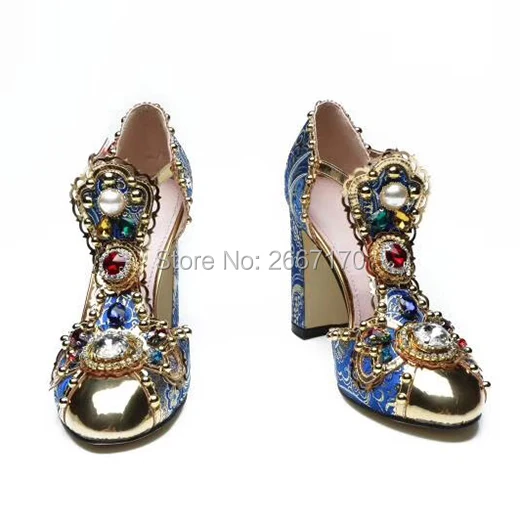 Shooegle Designer Shoes Women Luxury 2018 Runway Pumps Gemstone Pearled Summer Sandals T-Strap Chunky Heels Crystal Blue Sandles | Обувь