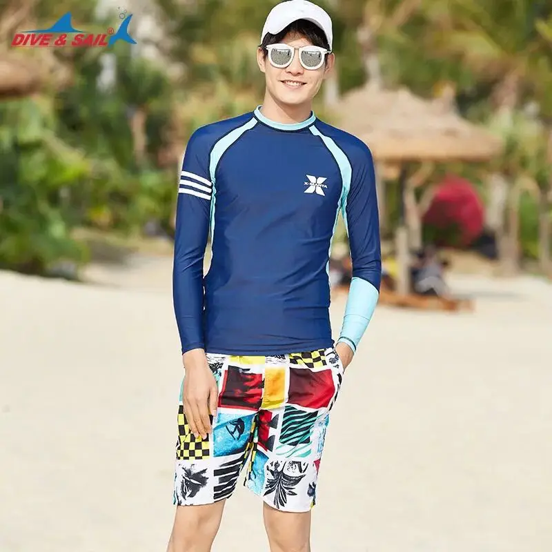 men 2 piece Комплект из 2 предметов, рубашка с длинными рукавами+ шорты с принтом, купальные костюмы темно-синего цвета, базовый гидрокостюм, защита от солнца и УФ-излучения, UV50 - Цвет: men 2 piece