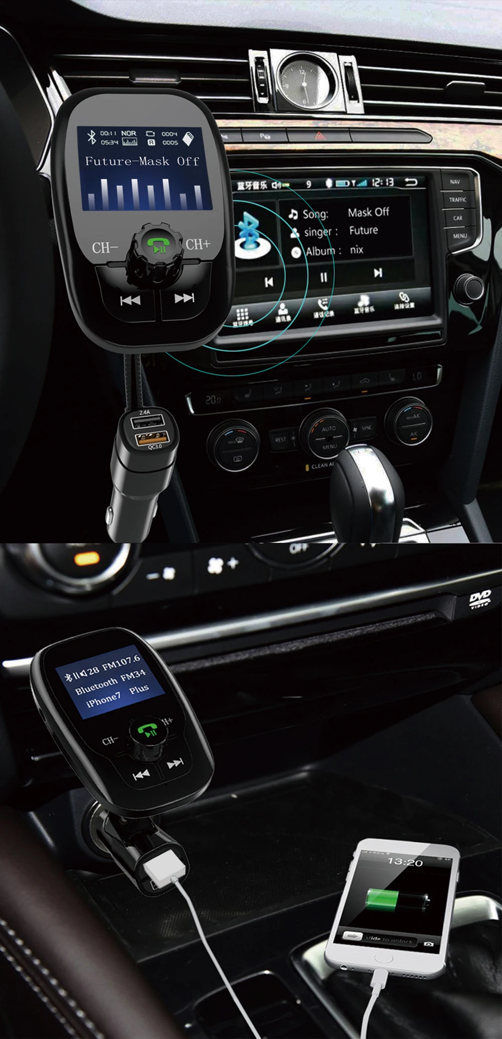 Беспроводной 3,0 Быстрая зарядка в автомобиле Bluetooth fm-передатчик радио адаптер автомобильный комплект MP3-плеер Hands-Free с ЖК-дисплеем FM34S