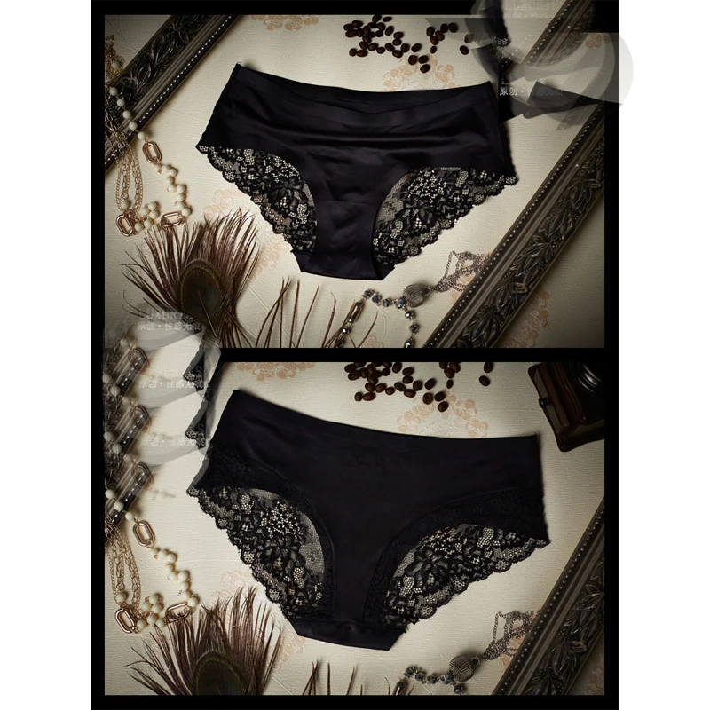 

MOONIGHT 4 Pieces New Ultra-thin Sexy Women Seamless Traceless Satin low-Rise Sexy Underwear Panties Plus Size Briefs with Lace