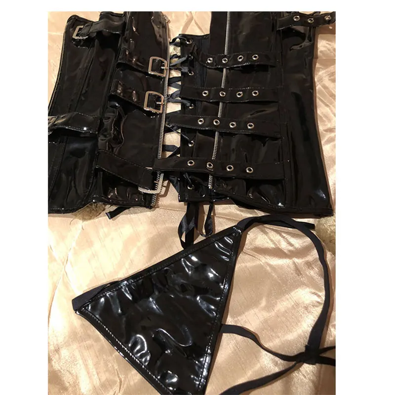 Сексуальный Черный Wetlook Overbust ПВХ корсет платье застежка-молния спереди застежка