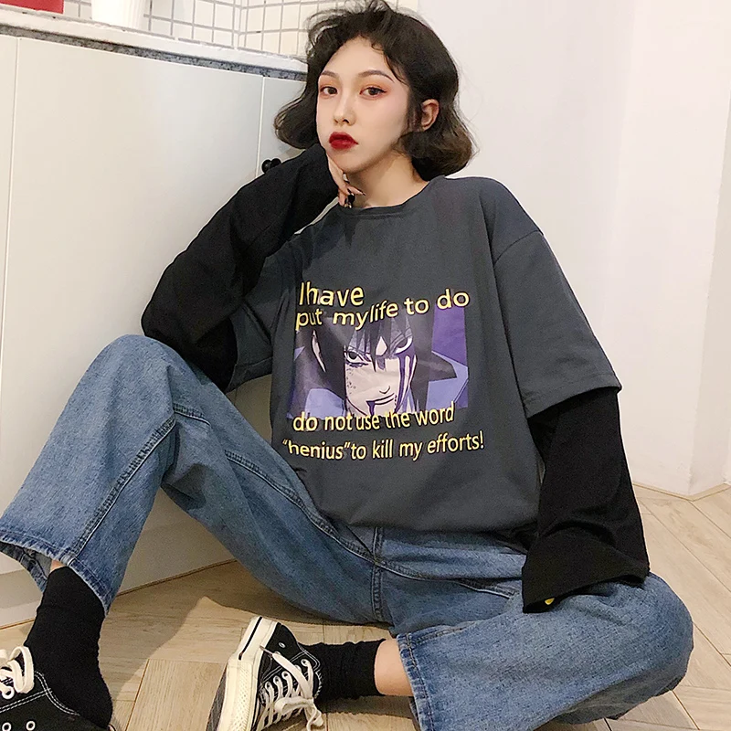 Camisetas Mujer, осенняя женская футболка, Корейская уличная футболка Ulzzang Harajuku с мультяшным принтом, футболка с длинным рукавом, женские топы - Цвет: see chart