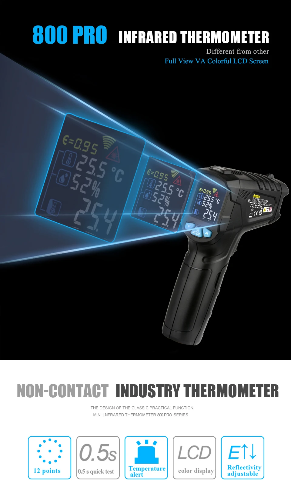 RICHMETERS 800Pro/800 Бесконтактный цифровой инфракрасный термометр для измерения температуры пирометр-50~ 800C аквариум лазерный термометр ИК температура пистолет регулятор влажности