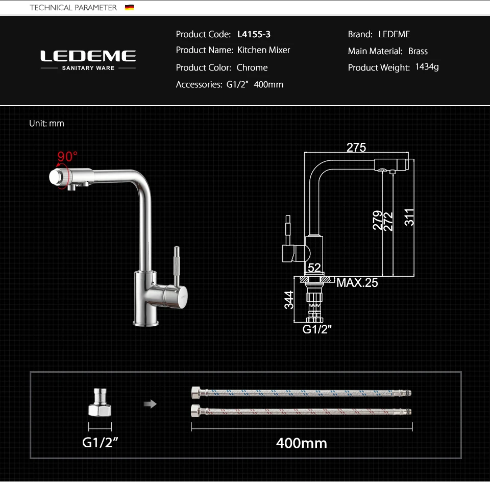 LEDEME Chrome Кухня кран латунь Поворотный кран питьевой воды 2 варианта фильтр для воды очиститель Кухня смесители мойки, краны L4155-3