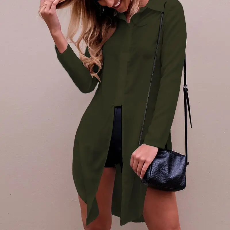 Army Green Модная женская блуза на пуговицах, рубашка, рубашка,, повседневная, отложной воротник, длинный рукав, с разрезом, неровные топы размера плюс, 3XL, Blusas - Цвет: Army Green