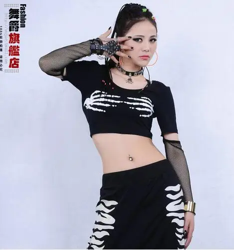 

2017 Summer New Fashion dance hip hop short top female Jazz cotton costume performance wear skull Sexy net ultra-short t-shirt