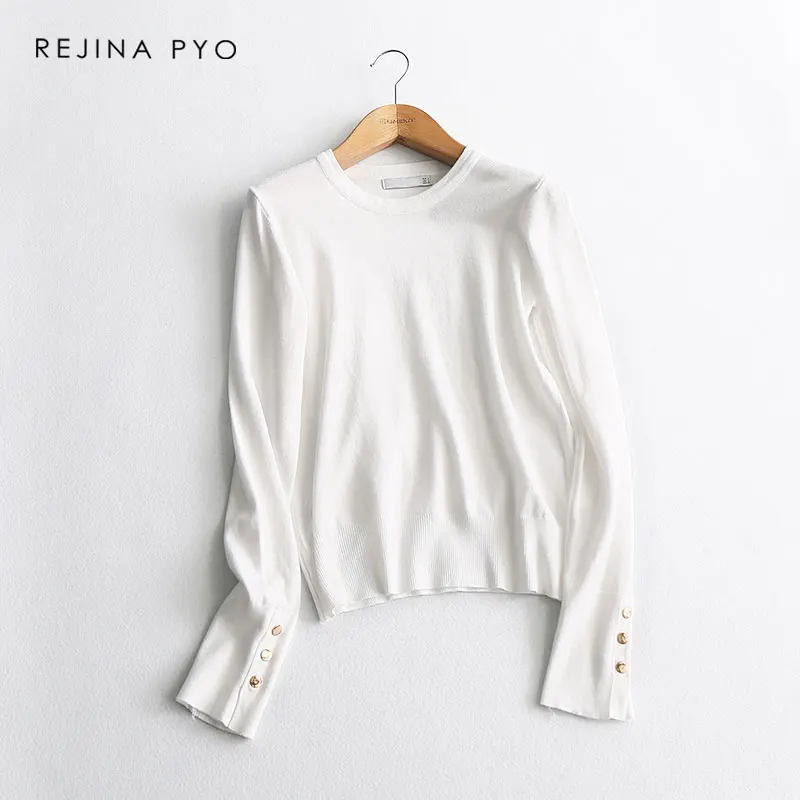 BIAORUINA Women Solid Basic Casual O-neck Knitted Sweater Mental Buttons Decoration Female All-match Everyday Pullovers | Женская одежда
