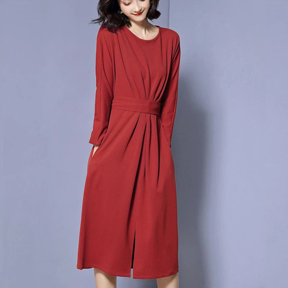 Женское Хлопковое платье с круглым вырезом длинным рукавом и разрезом|Женские