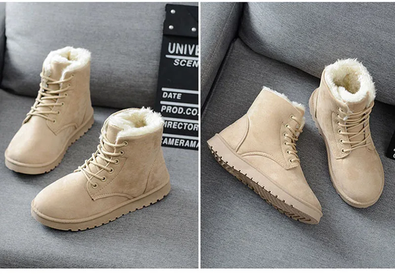 Для женщин зимние ботинки теплые ботинки на плоской подошве размера плюс, кружевные туфли на высоком тонком каблуке; женская обувь на шнуровке; Туфли Для женщин обувь новинка из ткани флок, меховые замшевые ботильоны для женщин