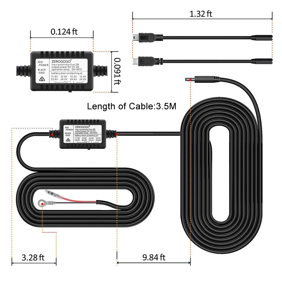 ZEROGOGO жесткий провод комплект DC 12 В 24 В до 5 В 2.0A DVR адаптер питания кабель Мини Micro USB Hardwire комплект для видеорегистратора/Автомобильный видеорегистратор/gps