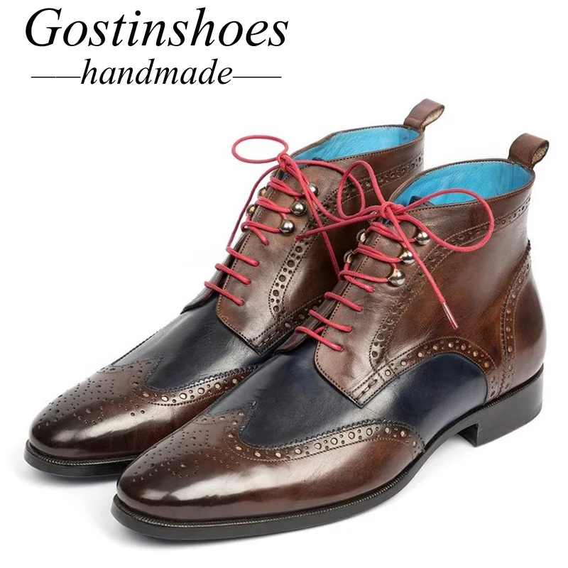 GOSTINSHOES/ботинки с перфорацией типа «броги» ручной работы Goodyear; мужские мотоциклетные ботинки из натуральной кожи; армейские рабочие и защитные ботинки на шнуровке с острым SCT44-47 - Цвет: Темно-серый