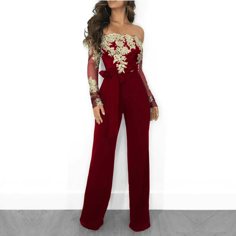 Women Flower Embroidery Off Shoulder Wide Leg Jumpsuit Sexy Bodysuit Lace Patchwork Mesh Party Clothes | Женская одежда