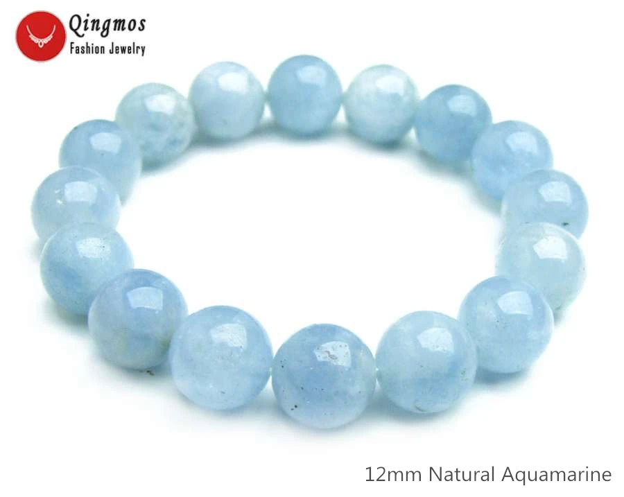 

Qingmos Trendy Blue Natural Aquamarines Bracelet for Women with 12mm Round Aquamarines Stone Bracelet Fine Jewelry 7.5'' bra479