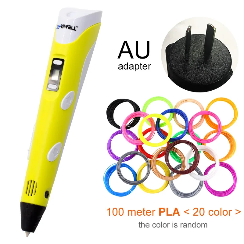 Yellow AU-100m PLA Myriwell 3D Ручка светодиодный экран DIY 3D печатная ручка 100 м ABS нить креативная игрушка подарок для детей дизайн рисунок - Цвет: Yellow AU-100m PLA